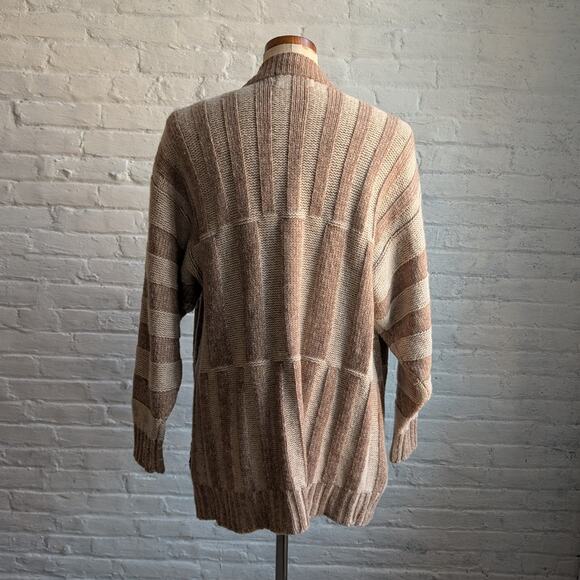 Vintage Wool Neutral Knit Cardigan Zipper Chunky Stripe Sweater Cozy Shacket - Picture 6 of 8